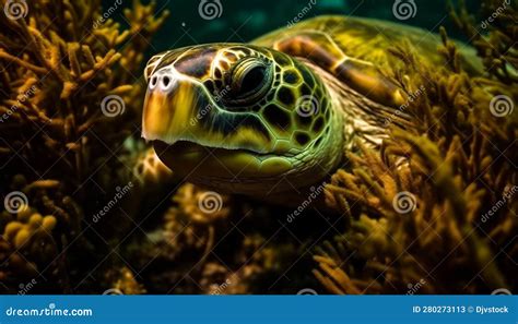 Close Up Of A Cute Sea Turtle Swimming In Tropical Waters Generated By