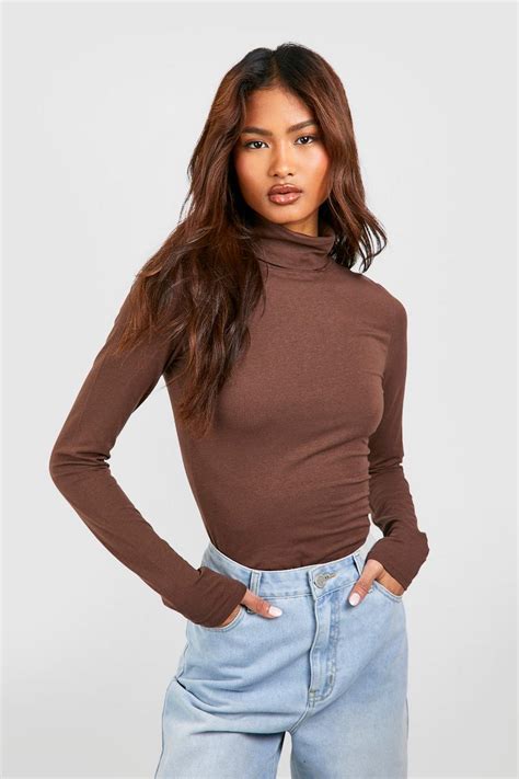 Chocolate Tall Premium Super Soft Roll Neck Long Sleeve Top Boohoo Uk