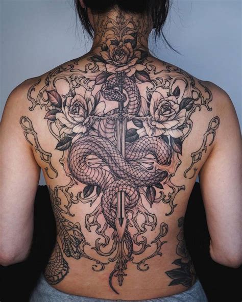 Snake Sword And Roses Backpiece Tattoo Blackwork