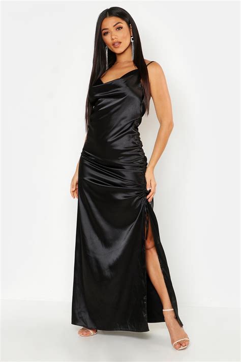 Satin Cowl Neck Ruched Maxi Dress Boohoo Maxi Dress Satin Dress