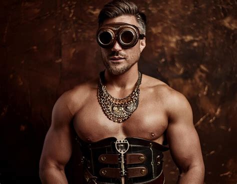 Handsome Gay Man In Leather Corset With Brass Goggles In Steampunk Fashion Style Premium AI