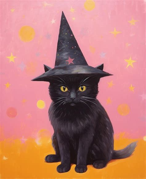 Premium AI Image Painting Of A Black Cat Wearing A Witch Hat On A