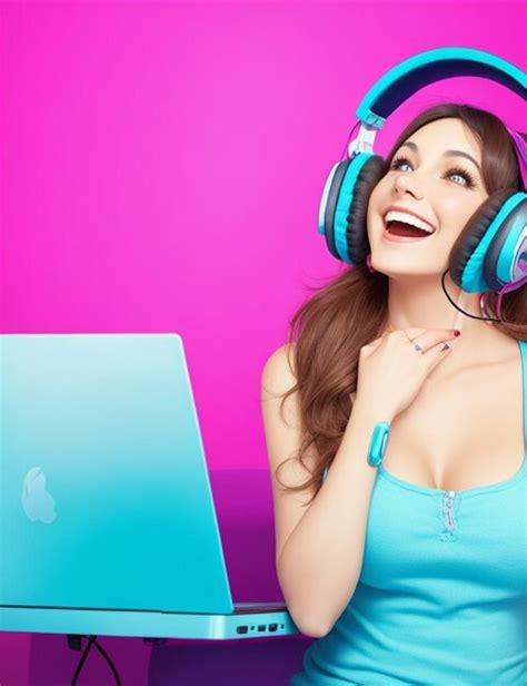 Mujer Feliz Con Computadora Y Auriculares Coloridos Foto Premium