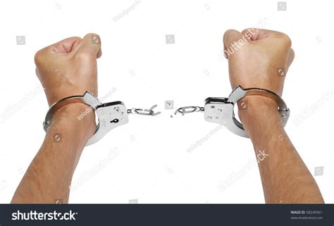 Hands Breaking Handcuffs Isolated On White Stock Photo 58240561