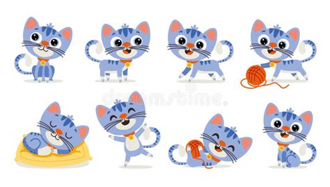 Conjunto De Poses De Gato De Desenho Animado Ilustra O Stock