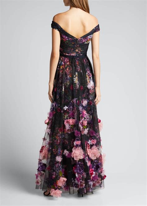 Marchesa Notte Off The Shoulder Printed Tulle Gown With D Flowers