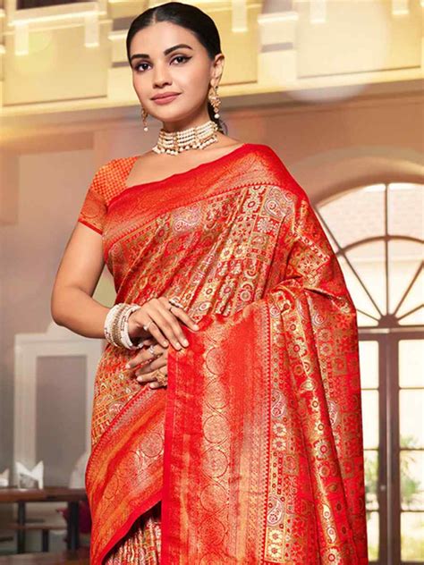 Orange Kanjivaram Silk Handwoven Wedding Festival Heavy Border Saree