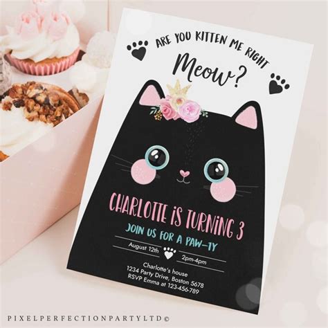 Editable Kitten Birthday Invitation Cat Birthday Party Invitation Are