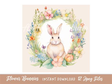 Bunnies With Flower Wreaths Clipart High Quality Jpgs Digital