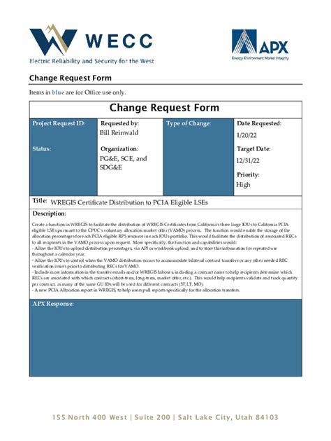 Fillable Online Change Request Form Free Word Template