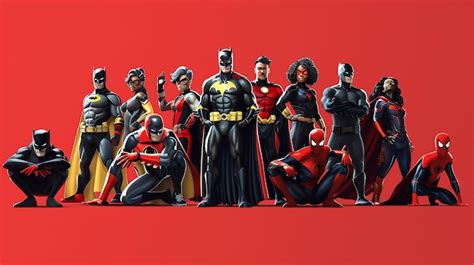 A Group Of Superheroes Standing In Front Of A Red Background Premium