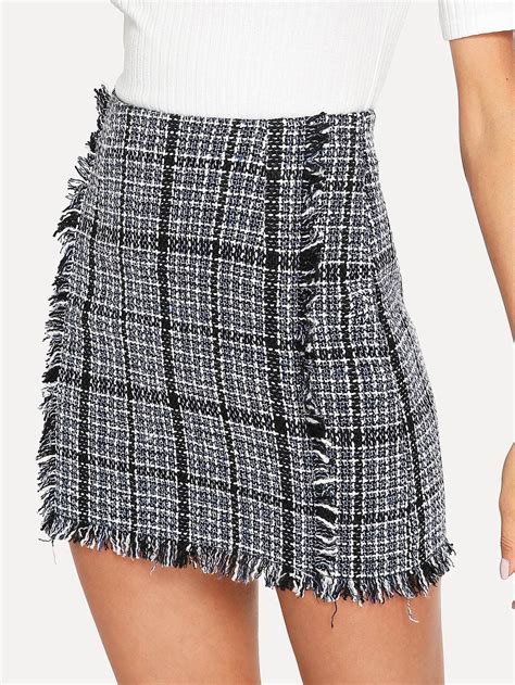 Frayed Trim Plaid Tweed Skirt SheIn Sheinside Cute Casual Outfits