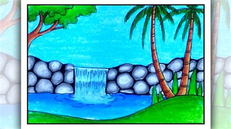 Waterfall Simple Beautiful Easy Scenery Drawing / It's a simple moonlight waterfall scene drawing.