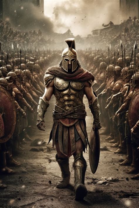 A Man In Armor Walking Through A Crowd Of Men Wearing Helmets And