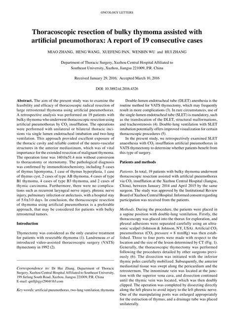 PDF Thoracoscopic Resection Of Bulky Thymoma Assisted With Artificial