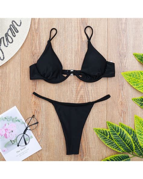 Bikini Atractivo con Aros Traje de Baño de Color Sólido para Mujeres