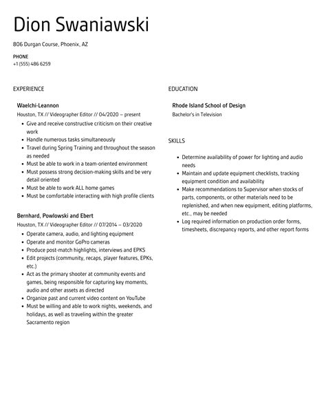 Videographer Editor Resume Samples Velvet Jobs