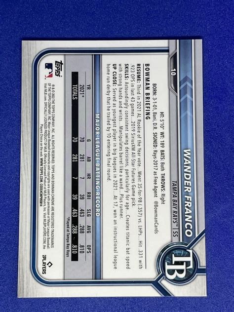 2022 Bowman Chrome WANDER FRANCO Rookie Card RC 10 Tampa Bay Rays EBay