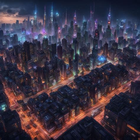 Cyberpunk city skyline landscape shot rooftop angle at night by ...