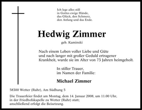 Traueranzeigen Von Hedwig Zimmer Trauer In Nrw De