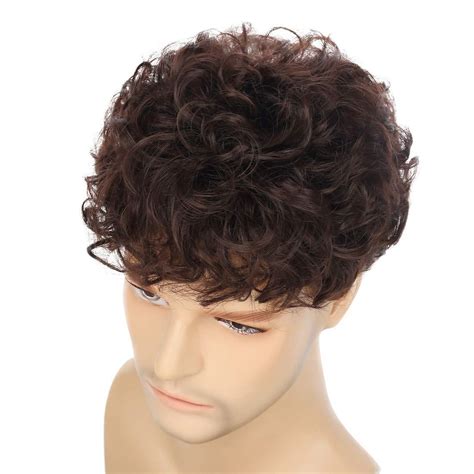 Swiking Men Brown Afro Wig Short Fluffy Curly Synthetic Hair For