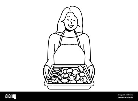 Smiling Woman In Apron Holding Tray With Delicious Food Baking Happy