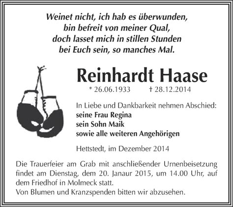 Traueranzeigen Von Reinhardt Haase Abschied Nehmen De