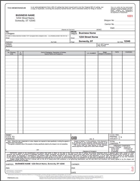 Printable Bill Of Lading Short Form Free