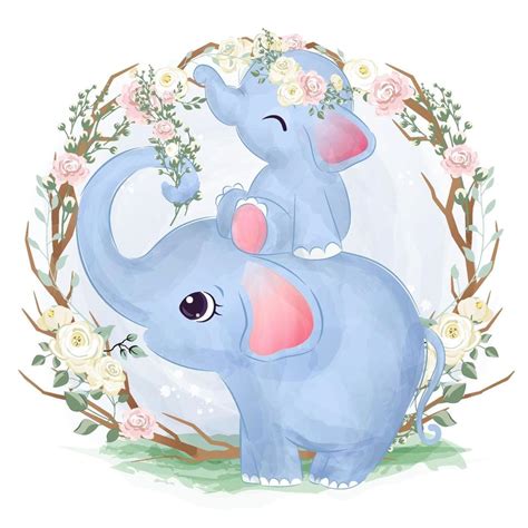 Cute mom and baby elephant in watercolor illustration 2748296 Vector ...