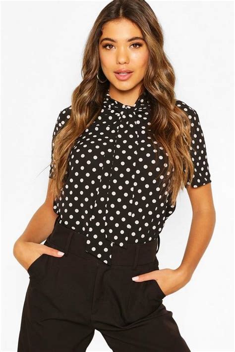 Black Polka Dot Pussybow Short Sleeve Blouse Boohoo Uk