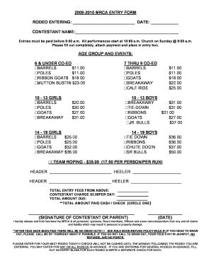 Fillable Online 20092010 MRCA ENTRY FORM RODEO ENTERING DATE