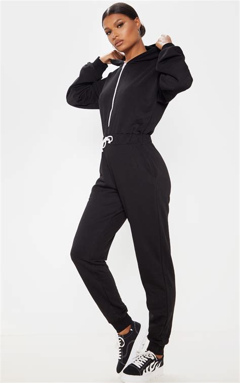 Black Long Sleeve Hooded Sweat Jumpsuit Jumpsuits And Playsuits