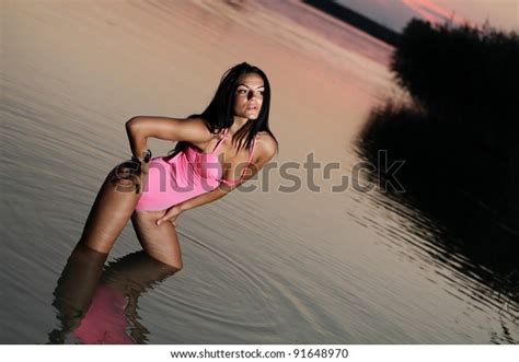 Sexy Brunette Woman Water Sunset Erotic Stock Photo Shutterstock