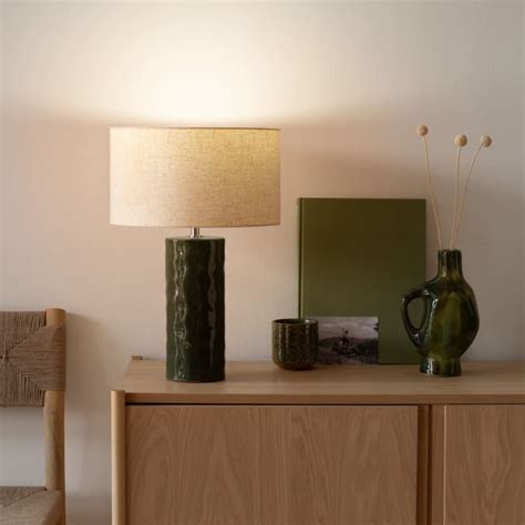 Lampe En C Ramique Verte Et Abat Jour En Polyester Recycl Beige