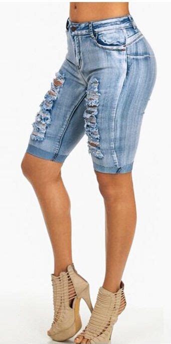 Knee Length Denim Shorts Women Knee Length Denim Shorts Distressed High Waisted Shorts Ripped