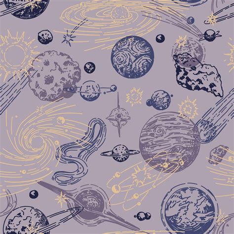 Cosmic Space Seamless Pattern Abstract Ornament Of Planets Stars Comets Asteroids Galaxies