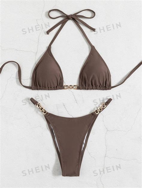 Shein Swim Sxy Solid Bikini Set Chain Linked Micro Triangle Bra And Thong