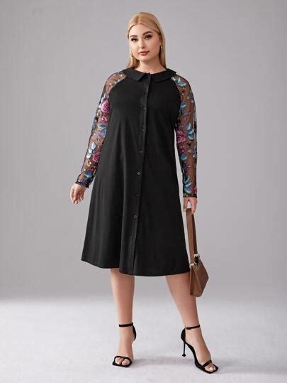 Search Plus V Cut Neck Embroidered Dress SHEIN USA