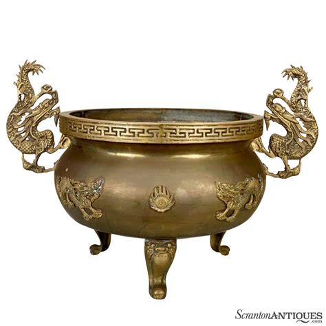 Vintage Large Chinese Brass Dragon Motif Planter Jardiniere Scranton