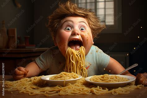 little cute boy eating spaghetti, cartoon style, Generated AI Stock ...