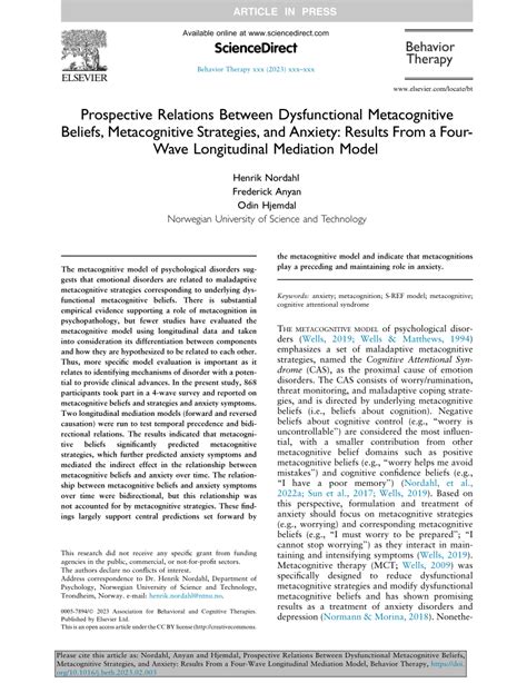 Pdf Prospective Relations Between Dysfunctional Metacognitive Beliefs