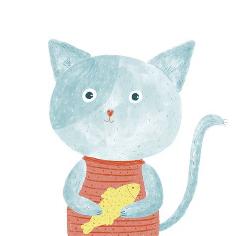 Иллюстрация Милый котик с рыбкой в стиле детский | Illustrators.ru