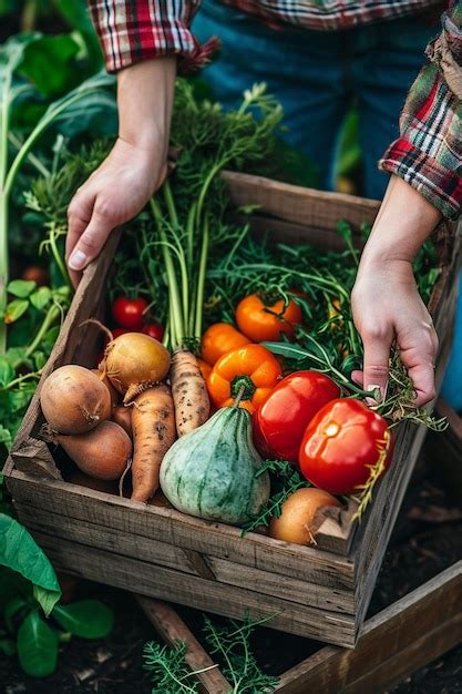 Premium Photo The Farmer Holds A Box With Freshly Picked Vegetables