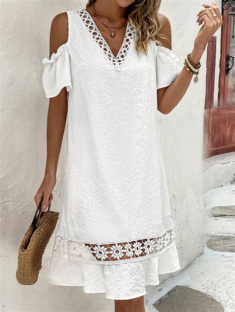 Shein Lune Cold Shoulder Guipure Lace Panel Dress Shein Usa