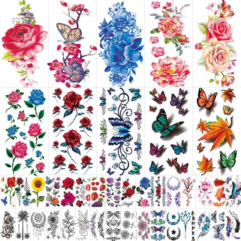 Buy 42 Sheets Flowers Temporary Tattoos Stickers Roses Butterflies And Multi Colored Mixed