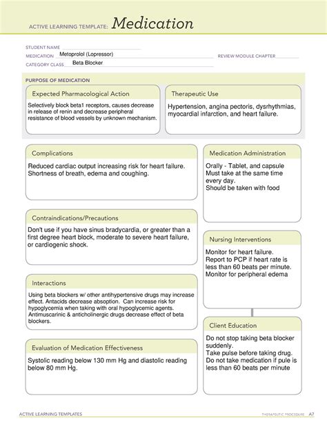 ATI Metoprolol (Lopressor) Beta Blocker Med Sheet - ACTIVE LEARNING ...