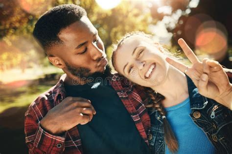 Couple Selfie Peace Sign And Portrait Smile Outdoors Enjoying Fun