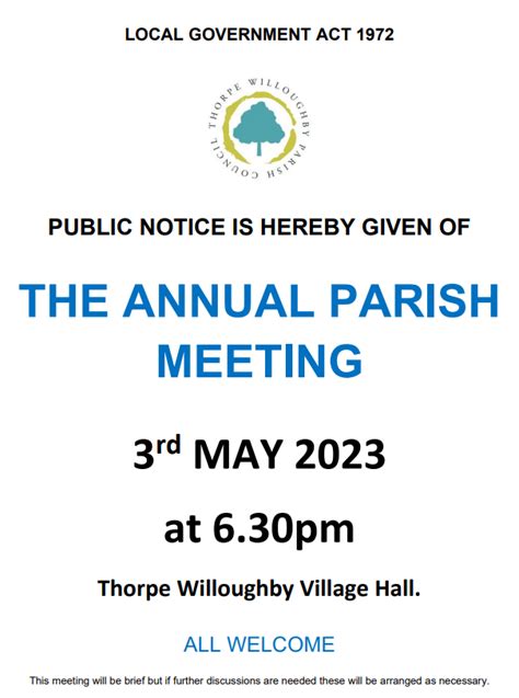 Annual Parish Council Meeting Village Hall 6 30pm Thorpe Willoughby