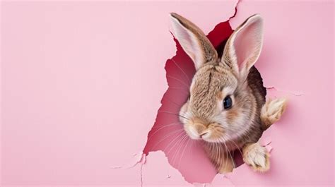 Premium Photo Bunny Peeking Out Of A Hole In Pink Wall Fluffy Eared