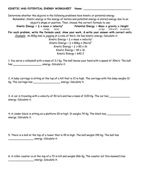 Kinetic And Potential Energy Worksheet — Db